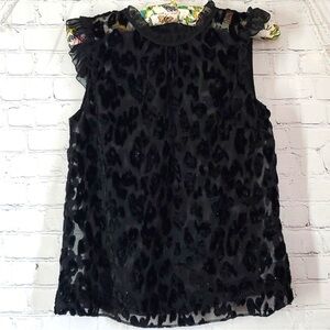 J. Crew Black Leopard Print Sheer Velvet Sparkle Wednesday Short Sleeve Top Sz 4